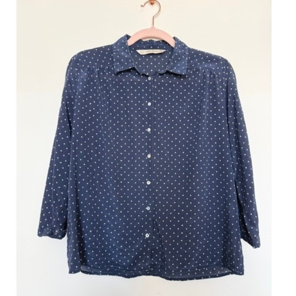 Zara 100% Silk Navy Print Blouse Women's Size Small | Collared 3/4 Sleeve Top
